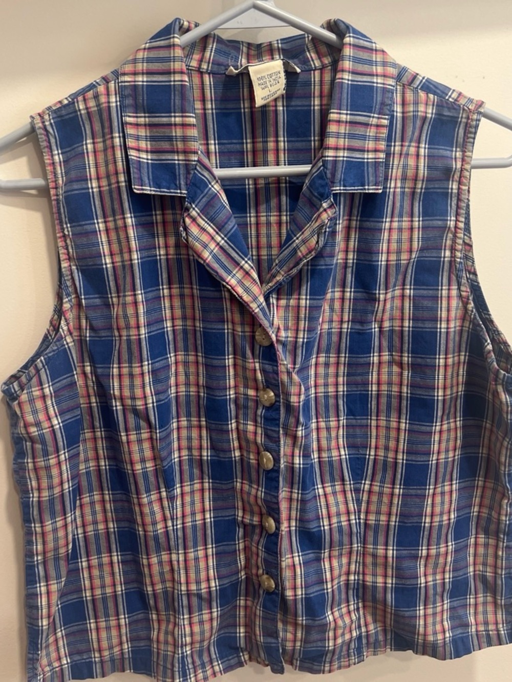 Sleeveless Blue Plaid Button-Up Top